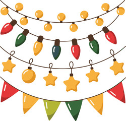 Festive string lights and bunting flags decoration