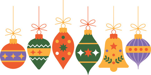 Six hanging Christmas ornaments with bows and festive patterns
