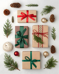 Merry Christmas gift arrangement with festive red and green wrapped boxes, pinecones, ornaments, and evergreen sprigs. Elegant holiday composition on white surface, evoking seasonal celebration, warmt