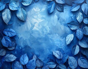Elegant blue leaves frame with textured background for a tranquil and stylish design