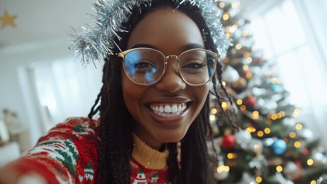 Smiling young Black woman with glasses wearing a colorful ugly sweater. She has long braided hair and is in a festive room with a decorated Christmas tree.