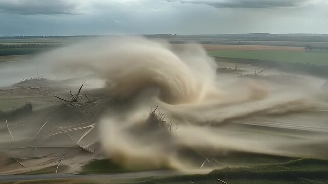 Firefly High-speed wind vortex destroying farmlands, dust and debris swirling violently, dramatic 