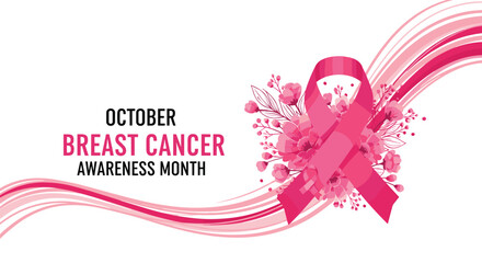 Fototapeta premium Pink ribbon and flowers celebrate breast cancer awareness month in October.