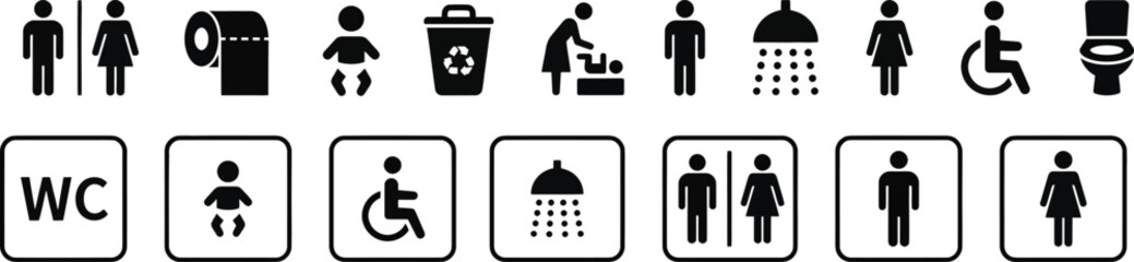 WC icon set Toilet icons set, common male female restroom, handicap wheelchair access, sanitizer liquid soap, WC direction, baby changing table room, toilet signs, WC signs collection