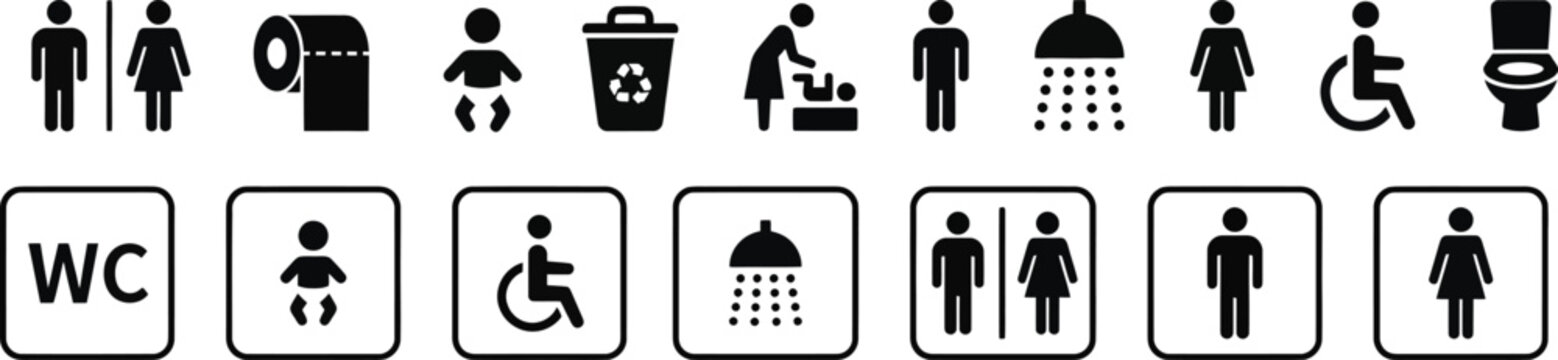 WC icon set  Toilet icons set, common male female restroom, handicap wheelchair access, sanitizer liquid soap, WC direction, baby changing table room, toilet signs, WC signs collection