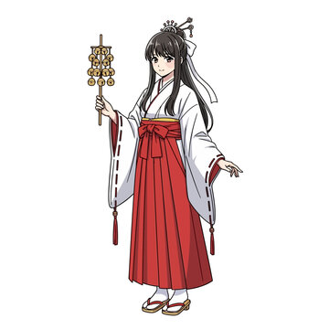 Elegant shrine maiden with bells in traditional Japanese clothing, a symbol of beauty and cultural heritage, invoking feelings of reverence and tradition
