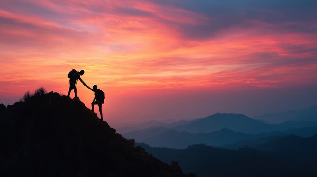 Two people are climbing a mountain together, one of them helping the other. The sky is orange and pink, creating a warm and peaceful atmosphere