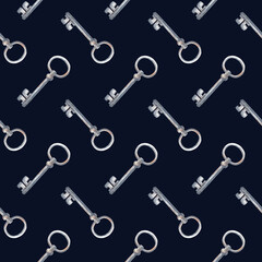 Vintage seamless pattern with rusty keys on a dark background. Watercolor illustration with realistic objects in natural colors. A template with keys for wallpaper design, packaging, textiles.