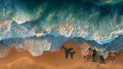 Dreamy aerial view of ocean waves washing onto sandy beach with airplane shadow creates wanderlust and adventure, perfect for travel inspiration
