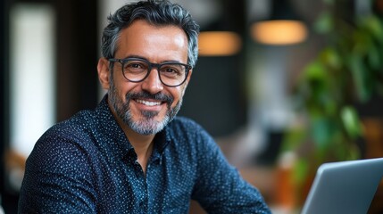 Man smiling with glasses and a laptop in a casual setting indoors