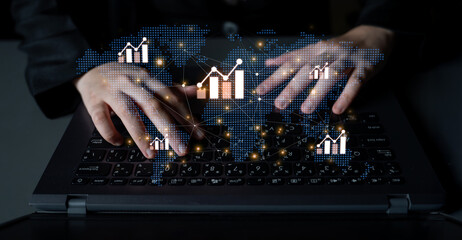 Visualization of global economic growth and stock market data. Financial chart analysis shows international business performance and investment opportunities in the world market. Fermion