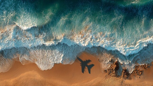 Dreamy aerial view of ocean waves washing onto sandy beach with airplane shadow creates wanderlust and adventure, perfect for travel inspiration