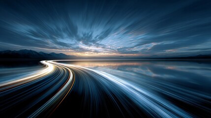 Stunning light trails curve through a surreal landscape at twilight, perfect for conveying speed, innovation, and futuristic concepts in your next project