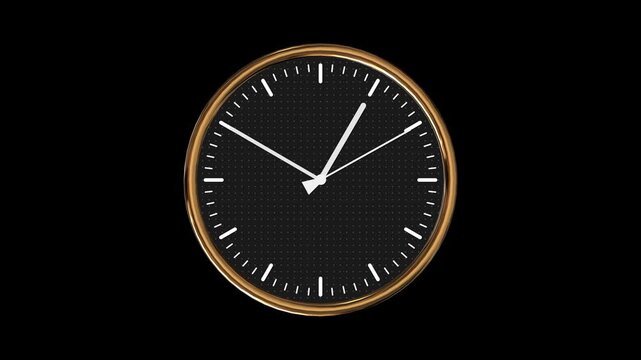 3D Wall Clock with Golden Frame Showing Full 12-Hour Animation on Black Background, Realistic Rotating Clock Hands, Elegant Modern Timepiece Motion for Timelapse, Visual Design, and Graphic Effects