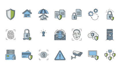 Security Icon Set — Safety, Insurance, Data Protection, Encryption, Lock and Cybersecurity Symbols in Modern Vector Style