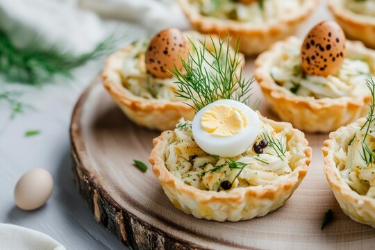 Mini savory tarts with boiled egg and dill on light wooden background. Concept of elegant appetizer and spring freshness.