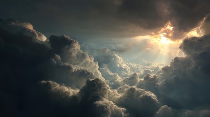 In this breathtaking scene dark clouds loom over a gentle horizon while rays of sunlight pierce through creating a dramatic interplay of light and shadow.