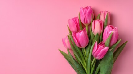 Fototapeta premium A bouquet of pink tulips is arranged on a pink background. The flowers are the main focus of the image, and they create a sense of beauty and elegance. The pink background adds a touch of romance