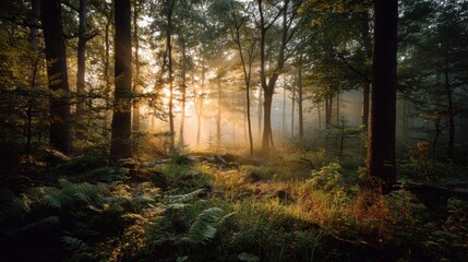Obraz premium In a peaceful forest sunlight breaks through towering trees casting warm light on the misty ground. Ferns and shrubs thrive in the serene atmosphere creating a calming scene.