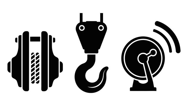 Black silhouette icons depicting industrial lifting equipment like a shackle, a crane hook, and a radar dish.