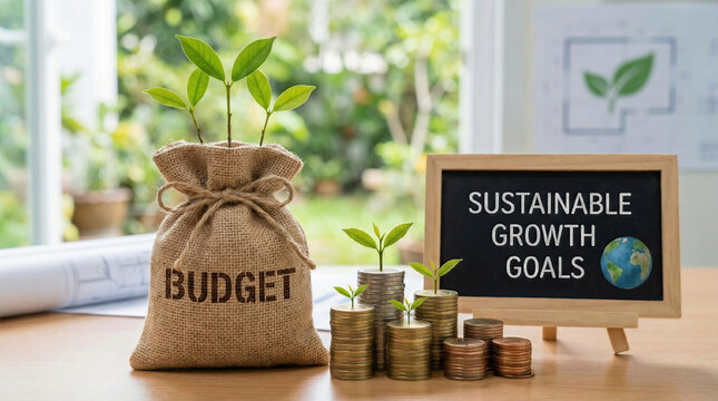 Budgeting. Green budgeting and investment planning concept. Environmental goals and sustainable green growth, featuring trees growing from a burlap bag labeled 'Budget'