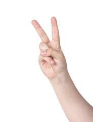 Women hand with Victory or V sign, two sign isolated on white background. 