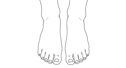 A minimalist black and white line drawing shows a top-down view of a pair of human feet with detailed toes and ankles.