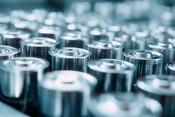 Closeup of modern lithium battery cells on automated production line, concept of energy, storage, technology, renewable power and sustainability