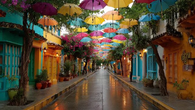 Colorful Umbrellas Street in Cartagena, Colombia: Vibrant Architecture, Wet Pavement, and Festive Atmosphere for Travel and Tourism