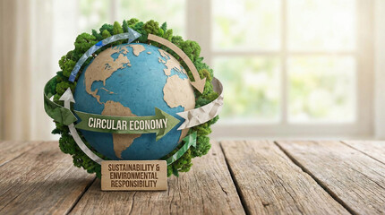 Circular Economy concept. Sustainability and environmental responsibility. Earth encircled by green forests, symbolizing global environmental conservation