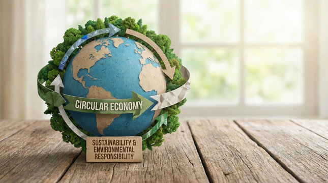 Circular Economy concept. Sustainability and environmental responsibility. Earth encircled by green forests, symbolizing global environmental conservation