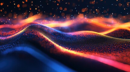 Abstract wavy landscape with glowing particles and bokeh lights