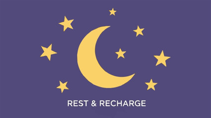 Illustrative representation of a peaceful night sky with a golden crescent moon and twinkling stars, embodying the concept of rest, relaxation, and personal rejuvenation