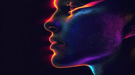 Abstract neon face profile made of glowing digital dots