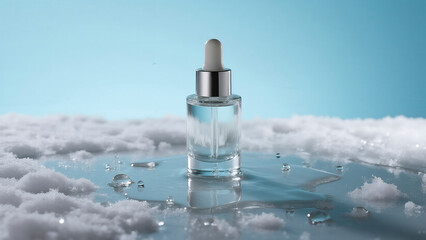 A clean sharp studio shot of a clear glass serum bottle standing on a wet surface with melting snowflakes isolated on blue