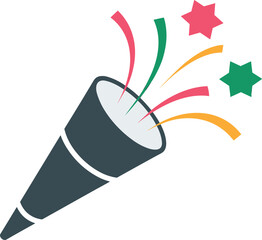 Dark blue party popper exploding with red green and yellow confetti