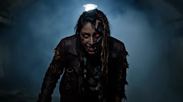 Reaching zombie woman lunges forward. Red eye glare and torn face show gore and blood. Undead monster crawls from dark tunnel. Horror smile looks creepy and hungry. Closeup shows torn skin and bone.