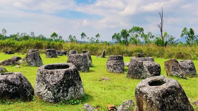 Valley of the Jars, Laos. Phongsavan. Valley of the Jars. The megalithic archaeological landscape consists of thousands of stone jars scattered across the Xiangkhouang Plateau. 4К