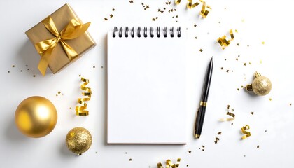 A flat-lay scene with gold-themed decorations, including a present, ornaments, confetti, a notepad and pen on a white surface