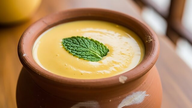 Close Shot of Mango Lassi in Clay Kullad with Mint Leaf