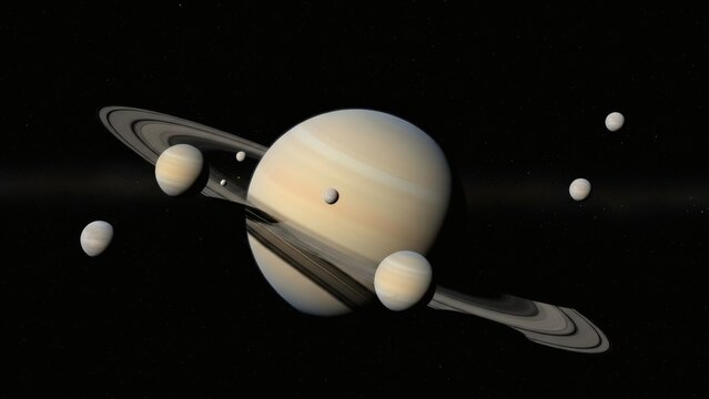 Saturns Glory Majestic rings  moons on deep space background.