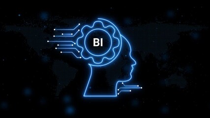 Neon blue outline of a human head with a gear inside and the text BI, connected by circuits on a dark background with a world map - Powered by Adobe