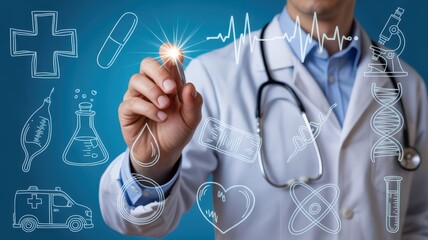 Medical professional interacts with holographic display showing various healthcare symbols and diagnostic data