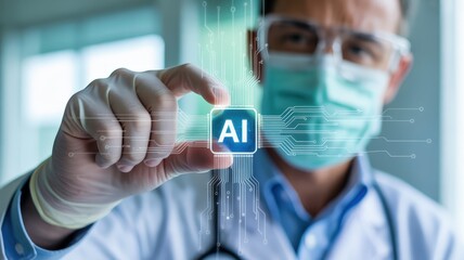 Healthcare professional manipulates digital representation of artificial intelligence technology