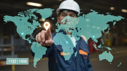 Industrial worker interacts with digital global logistics map interface in dimly lit facility