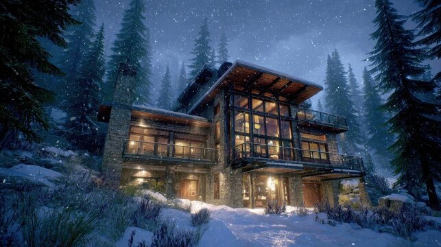 Snowy Mountain Cabin Exterior Illuminated During Evening Amidst Forest Landscape