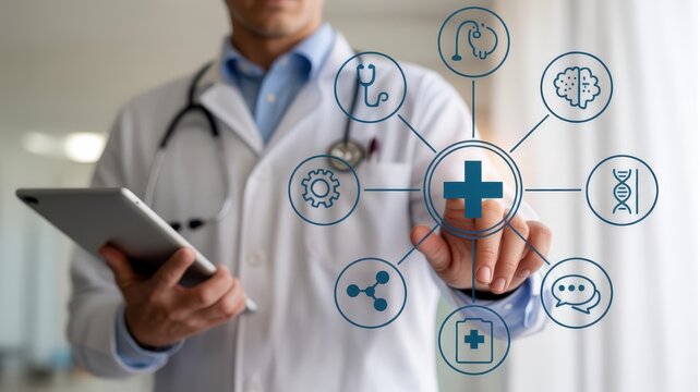 Healthcare professional interacts with digital interface displaying interconnected medical and wellness concepts