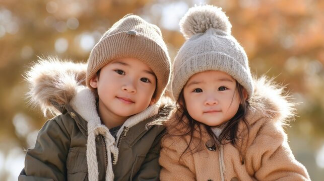 Two young children are sitting close together outdoors on a sunny day. They wear warm jackets and hats surrounded by vibrant autumn leaves. The light creates a cheerful atmosphere.