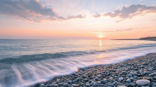 Gentle waves washing over pebble beach at sunset with soft light