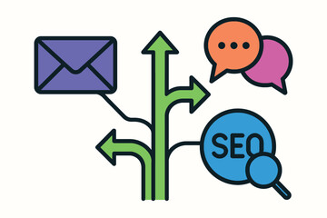 Digital marketing strategy with multiple growth paths and communication icons